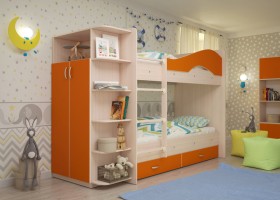 Кровать Мая двухъярусная с ящиками и шкафом Млечный дуб/Оранжевый в Химках - ximki.katalogmebeli.com | фото