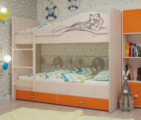 Кровать Мая-Сафари двухъярусная с ящикамиМлечный дуб/Оранжевый в Химках - ximki.katalogmebeli.com | фото